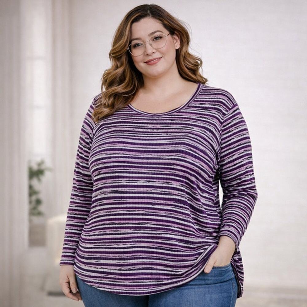 Lane Bryant Ribbed Knit Top Womens 22/24 Purple Pink Striped Stretchy Scoop Neck